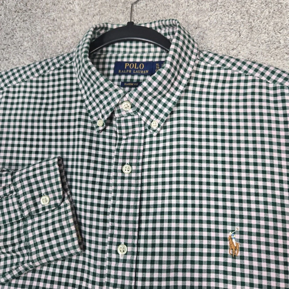 Polo Ralph Lauren Oxford Shirt men XL Green Gingham Check Classic Fit flesh Pony